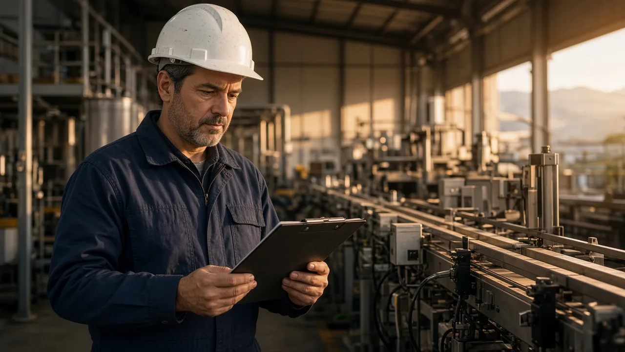 Jefe de planta evaluando una línea de producción antes de decidir automatizar. OPSSA Mendoza.