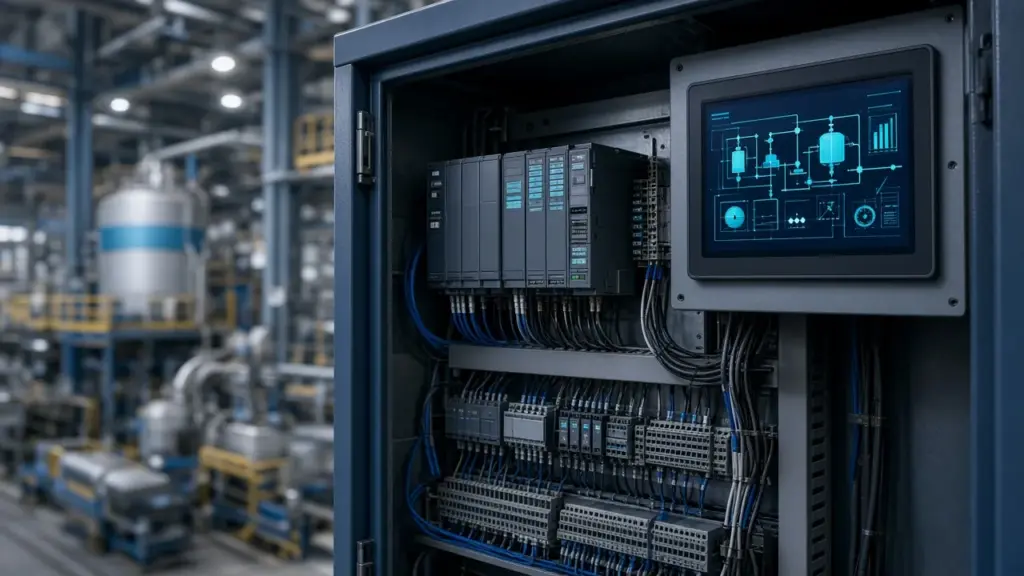 Gabinete de control con módulos PLC y pantalla HMI en una planta industrial. Automatización OPSSA.