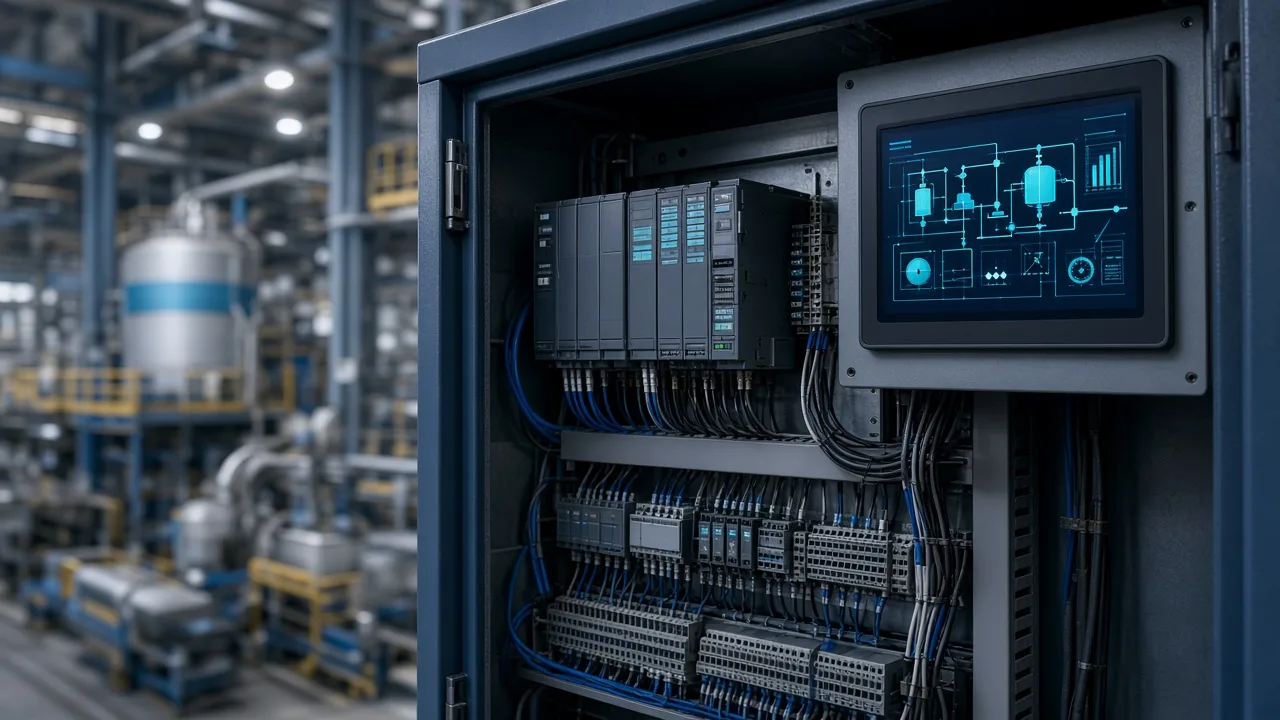 Gabinete de control con módulos PLC y pantalla HMI en una planta industrial. Automatización OPSSA.