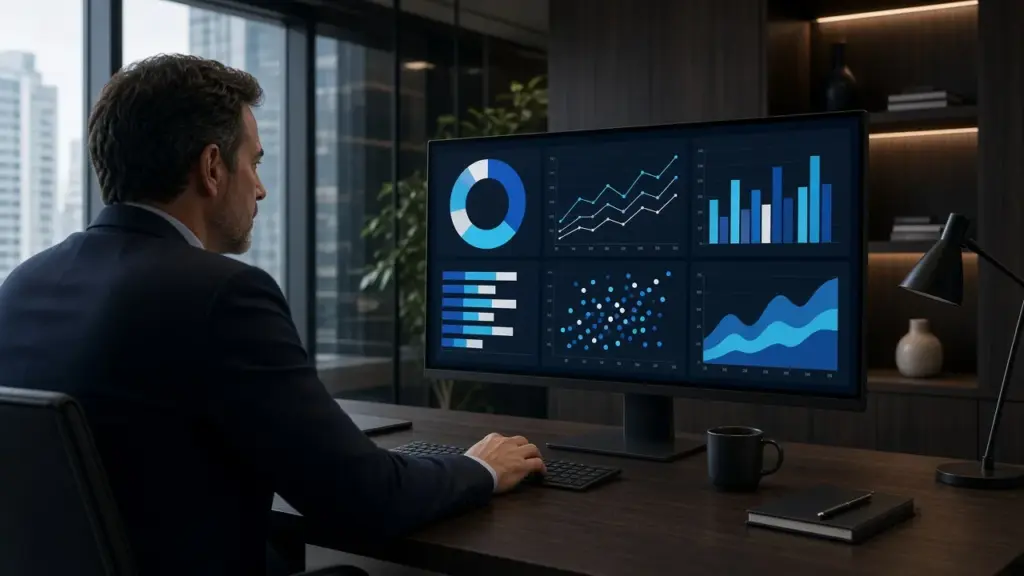 Gerencia revisando un tablero de indicadores en un monitor. Power BI para PyMEs, OPSSA Mendoza.